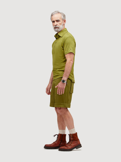 Madeira French Linen Short Sleeve Polo in *Military Olive* (olive green) — side view | Y.Chroma