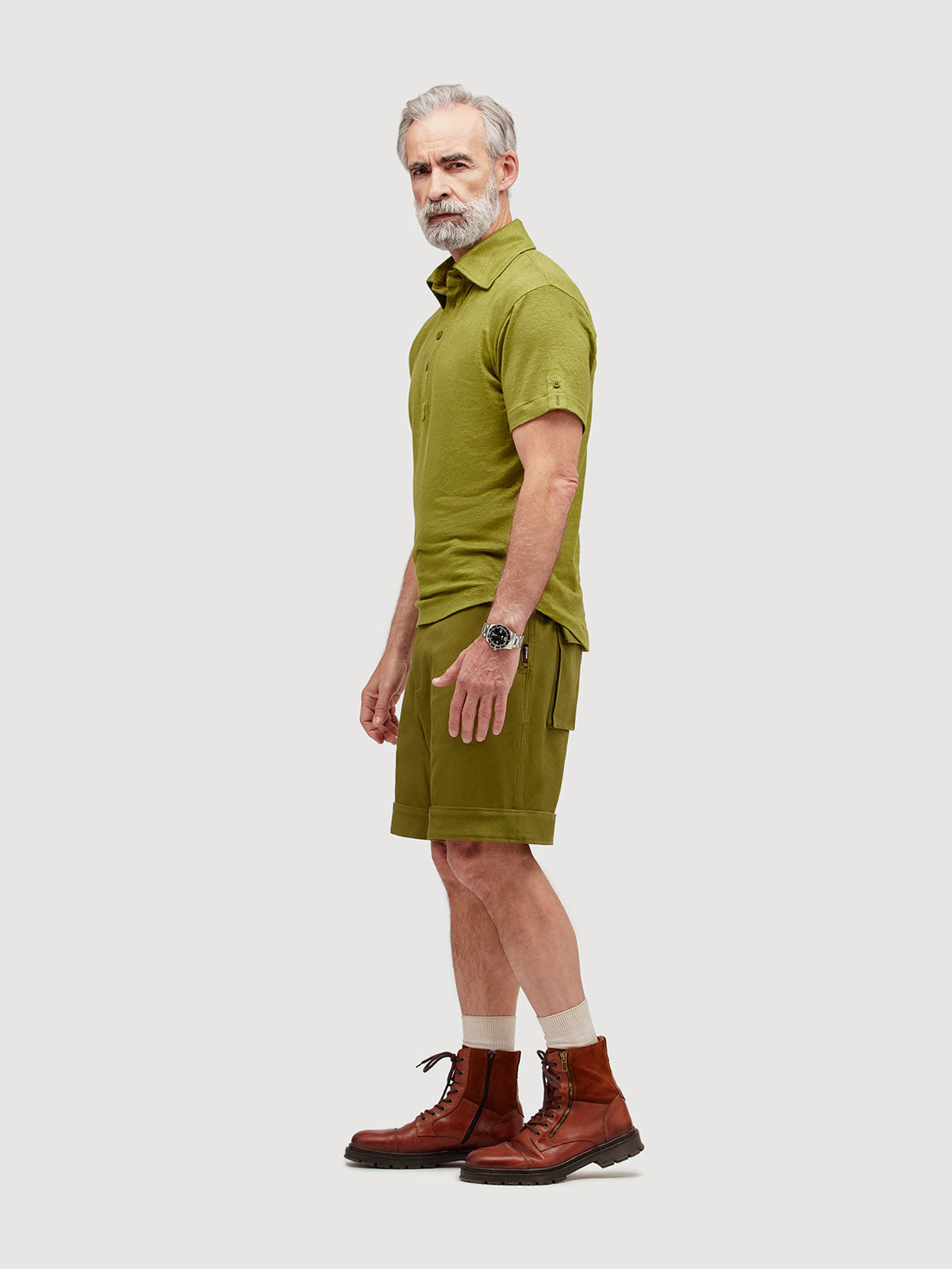 Madeira French Linen Short Sleeve Polo in *Military Olive* (olive green) — side view | Y.Chroma