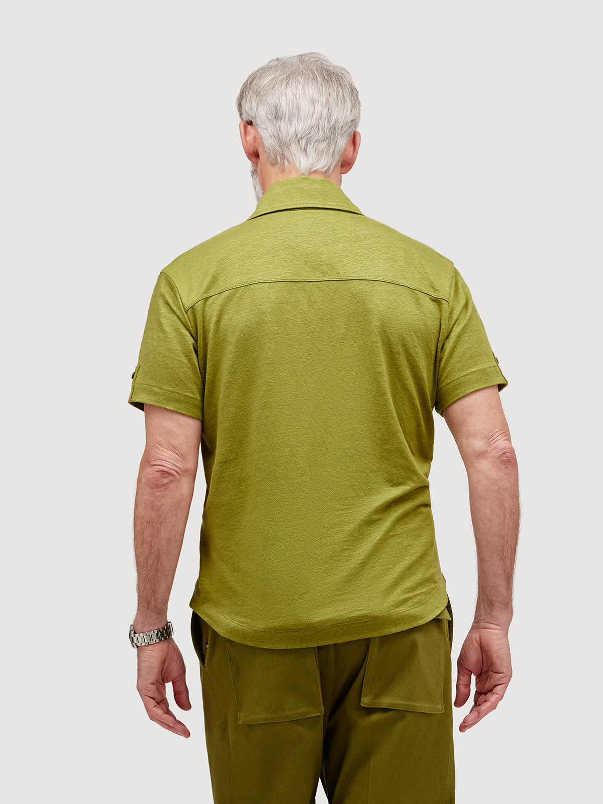 Madeira French Linen Short Sleeve Polo in *Military Olive* (olive green) — back detail view | Y.Chroma
