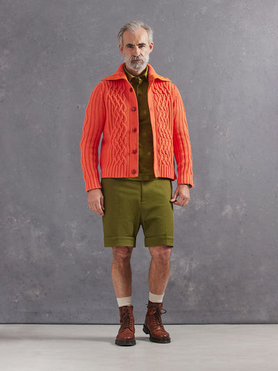Madeira French Linen Short Sleeve Polo in *Military Olive* (olive green) styled with Military Olive Becker Short and Creamsicle Orange Power Cable Sweater 2026 Edition — full length lookbook | Y.Chroma