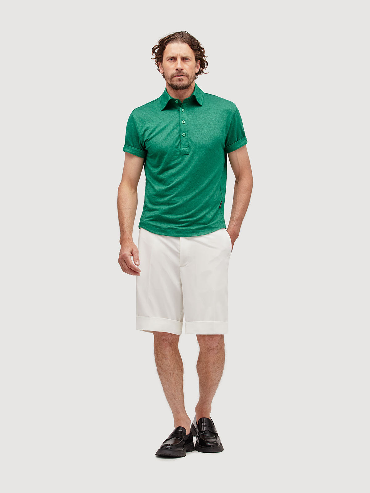 Madeira French Linen Short Sleeve Polo in *British Green* (forest green) — full length front view | Y.Chroma