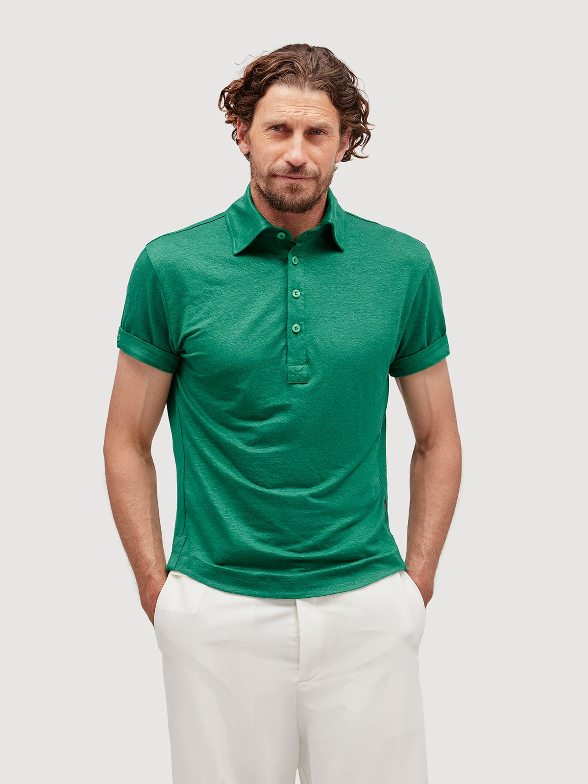 Madeira French Linen Short Sleeve Polo in *British Green* (forest green) — front detail view | Y.Chroma