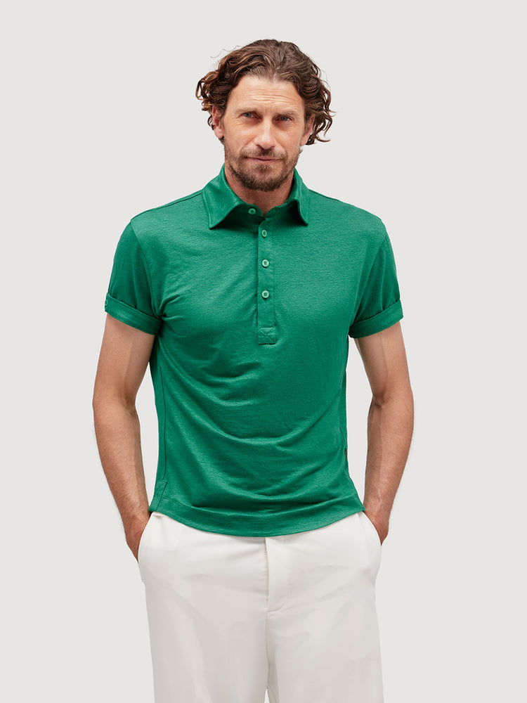Madeira French Linen Short Sleeve Polo in *British Green* (forest green) — front detail view | Y.Chroma