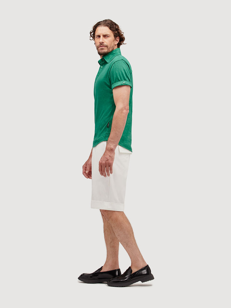 Madeira French Linen Short Sleeve Polo in *British Green* (forest green) — side view | Y.Chroma
