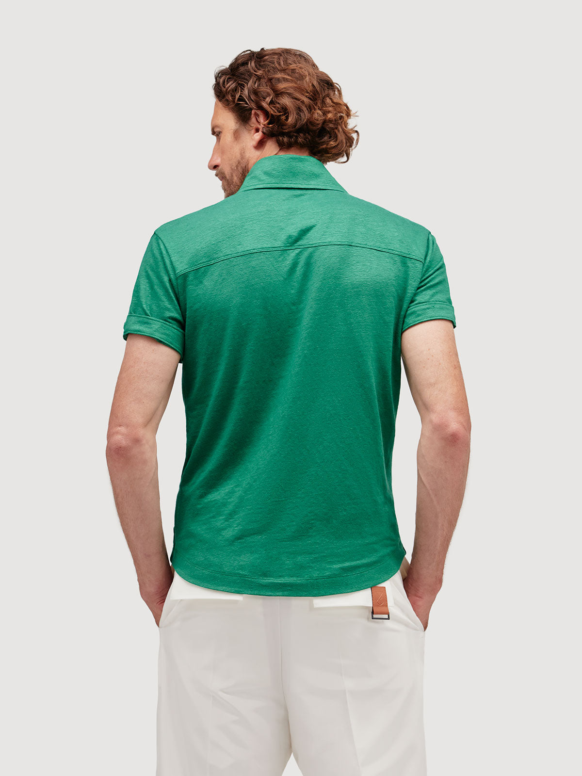 Madeira French Linen Short Sleeve Polo in *British Green* (forest green) — back detail view | Y.Chroma