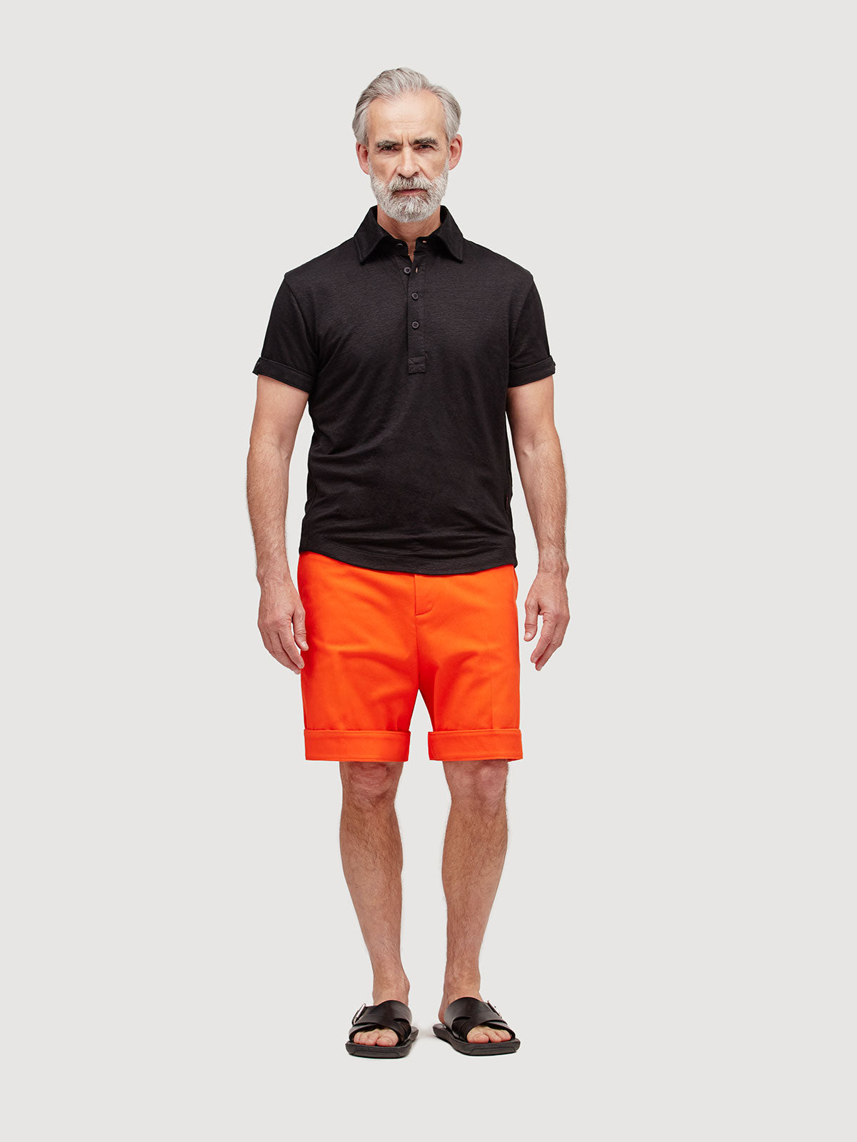 Madeira French Linen Short Sleeve Polo in *Berlin Black* (black) — full length front view | Y.Chroma