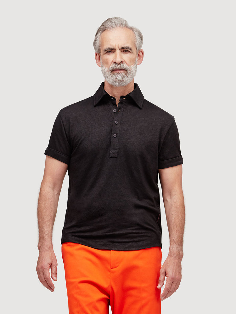 Madeira French Linen Short Sleeve Polo in *Berlin Black* (black) — front detail view | Y.Chroma