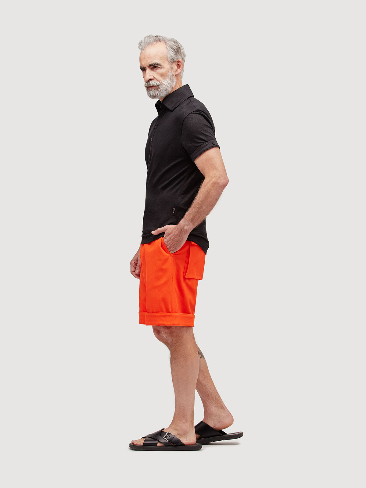 Madeira French Linen Short Sleeve Polo in *Berlin Black* (black) — side view | Y.Chroma