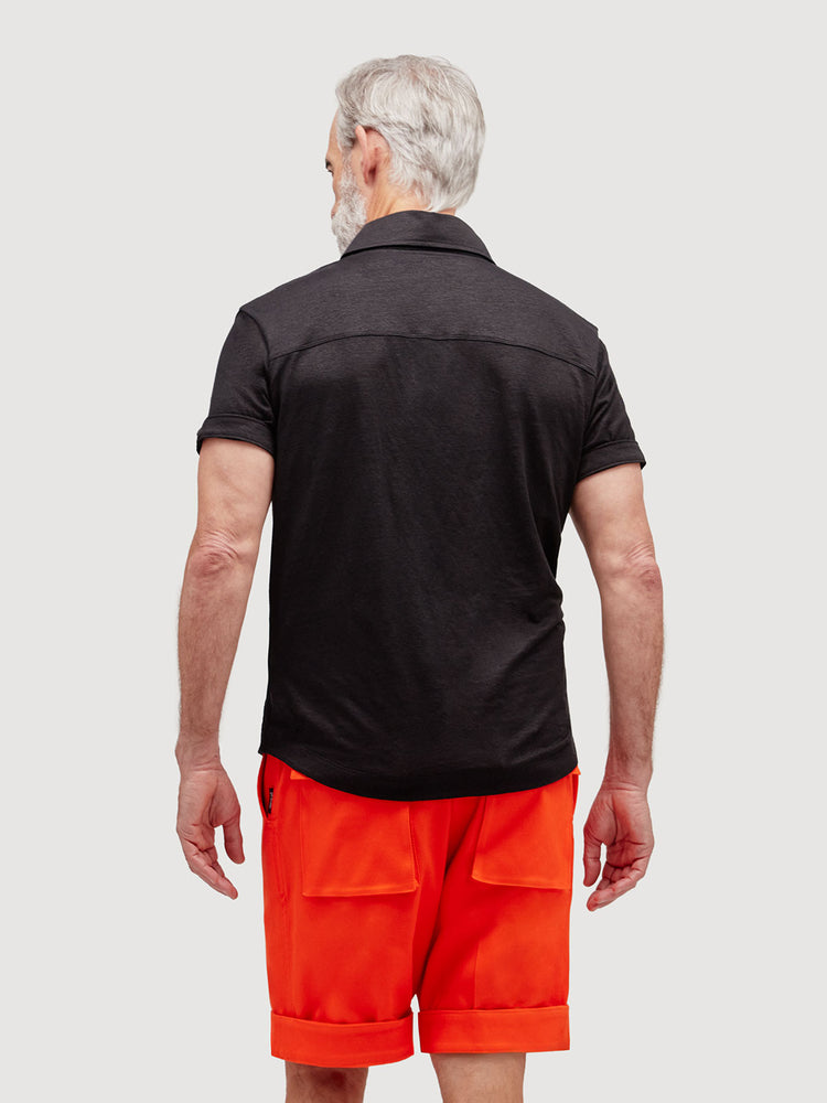 Madeira French Linen Short Sleeve Polo in *Berlin Black* (black) — back detail view | Y.Chroma