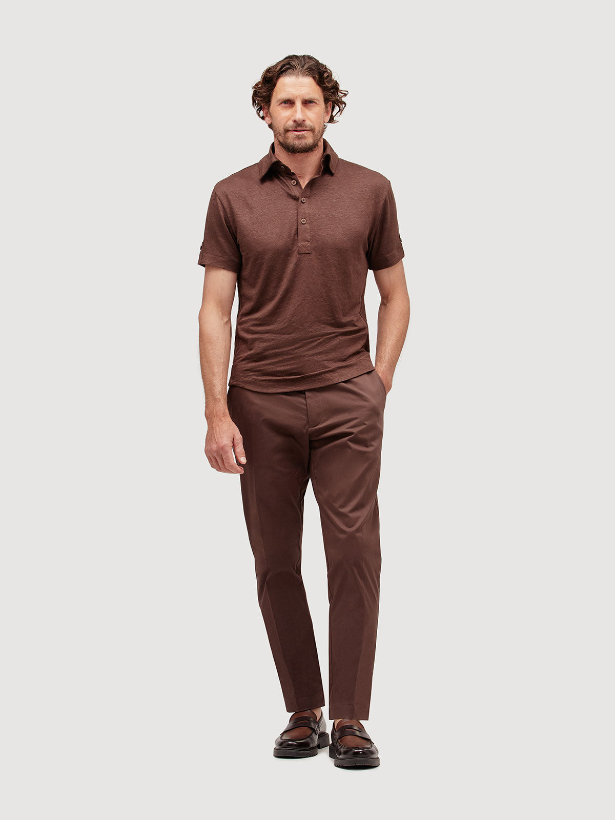 Madeira French Linen Short Sleeve Polo in *Java Brown* (warm brown) — full length front view | Y.Chroma