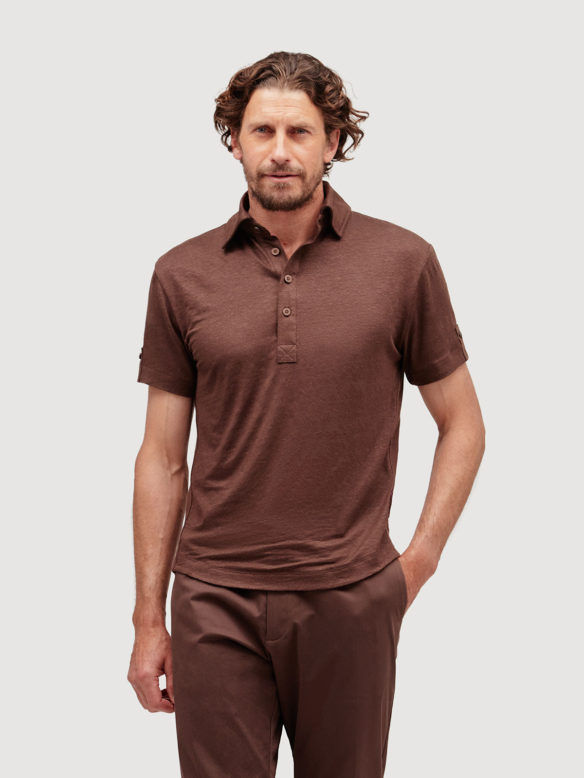 Madeira French Linen Short Sleeve Polo in *Java Brown* (warm brown) — front detail view | Y.Chroma