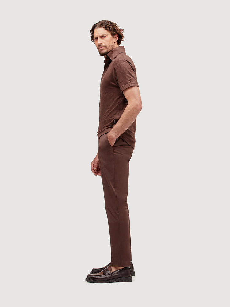 Madeira French Linen Short Sleeve Polo in *Java Brown* (warm brown) — side view | Y.Chroma