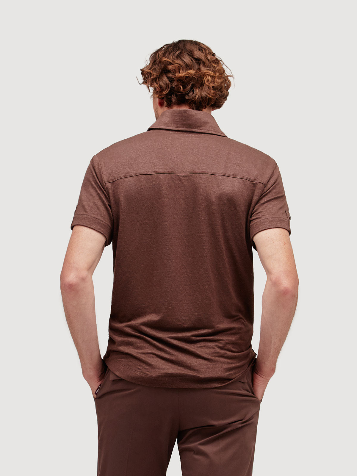 Madeira French Linen Short Sleeve Polo in *Java Brown* (warm brown) — back detail view | Y.Chroma