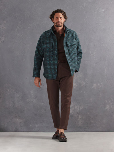 Madeira French Linen Short Sleeve Polo in *Java Brown* (warm brown) styled with Java Brown Skyline Pant and Teal and Gray Varial Shirt-Cut Jacket — full length lookbook | Y.Chroma