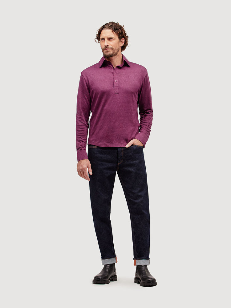 Madeira French Linen Long Sleeve Polo in *Italian Plum* (deep purple) — full length front view | Y.Chroma