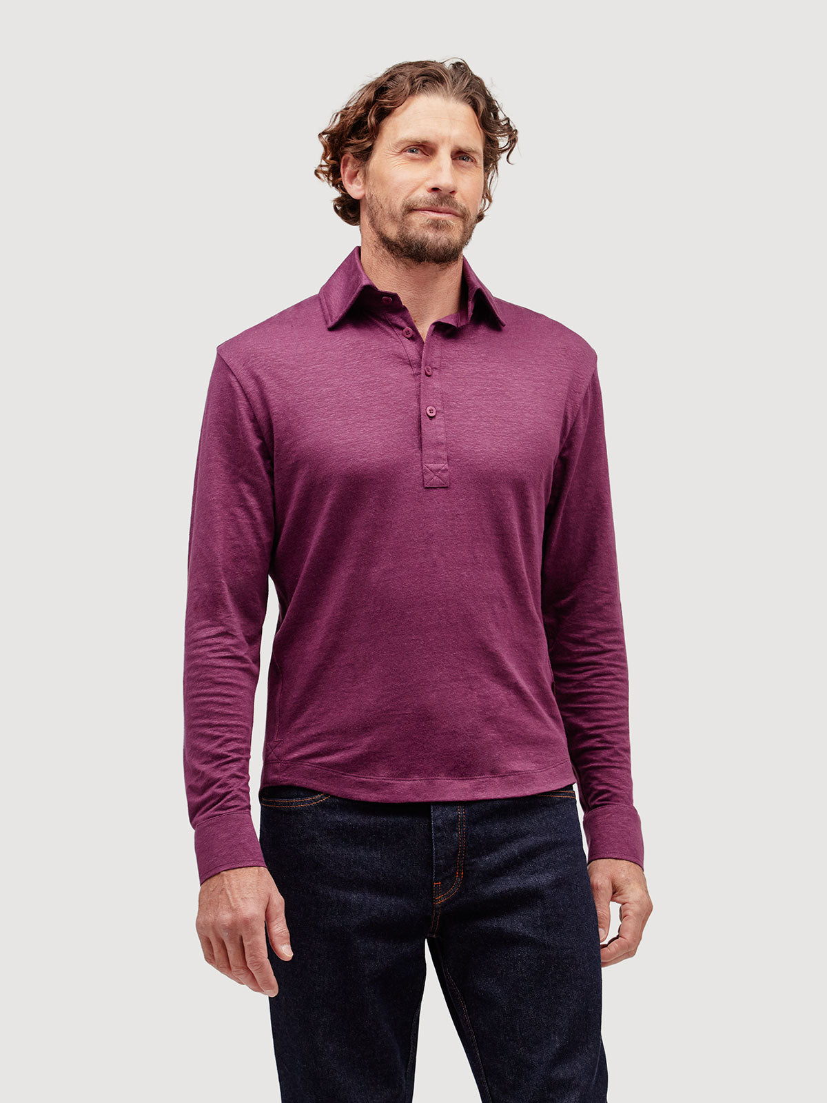Madeira French Linen Long Sleeve Polo in *Italian Plum* (deep purple) — front detail view | Y.Chroma