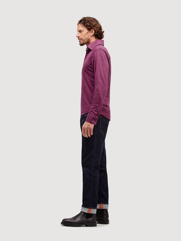 Madeira French Linen Long Sleeve Polo in *Italian Plum* (deep purple) — side view | Y.Chroma