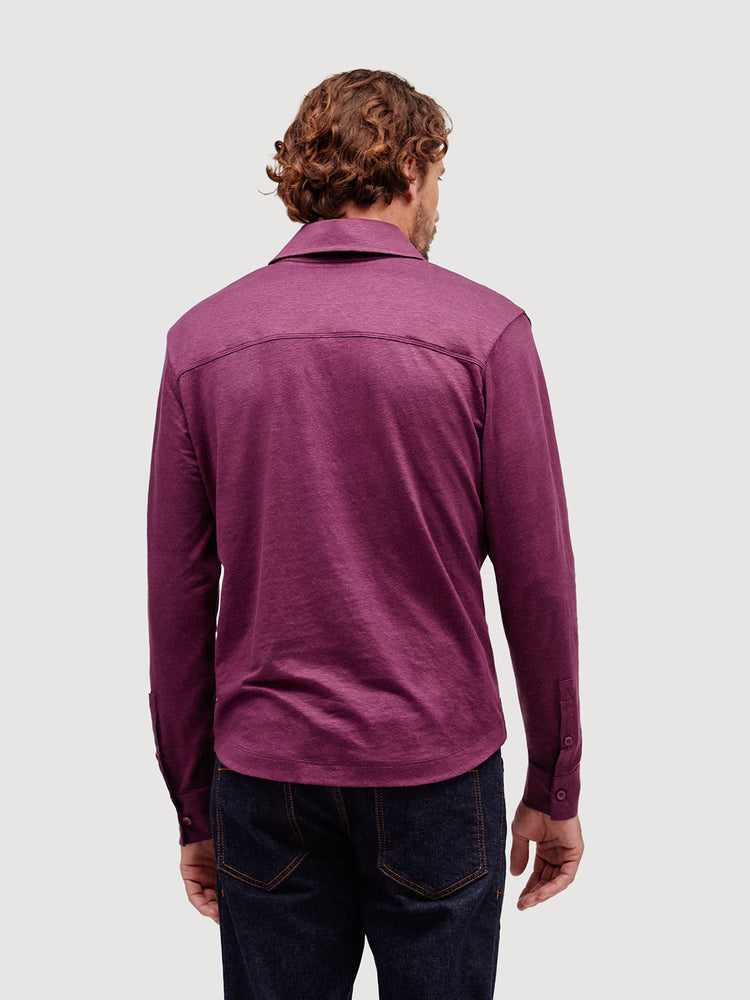 Madeira French Linen Long Sleeve Polo in *Italian Plum* (deep purple) — back detail view | Y.Chroma