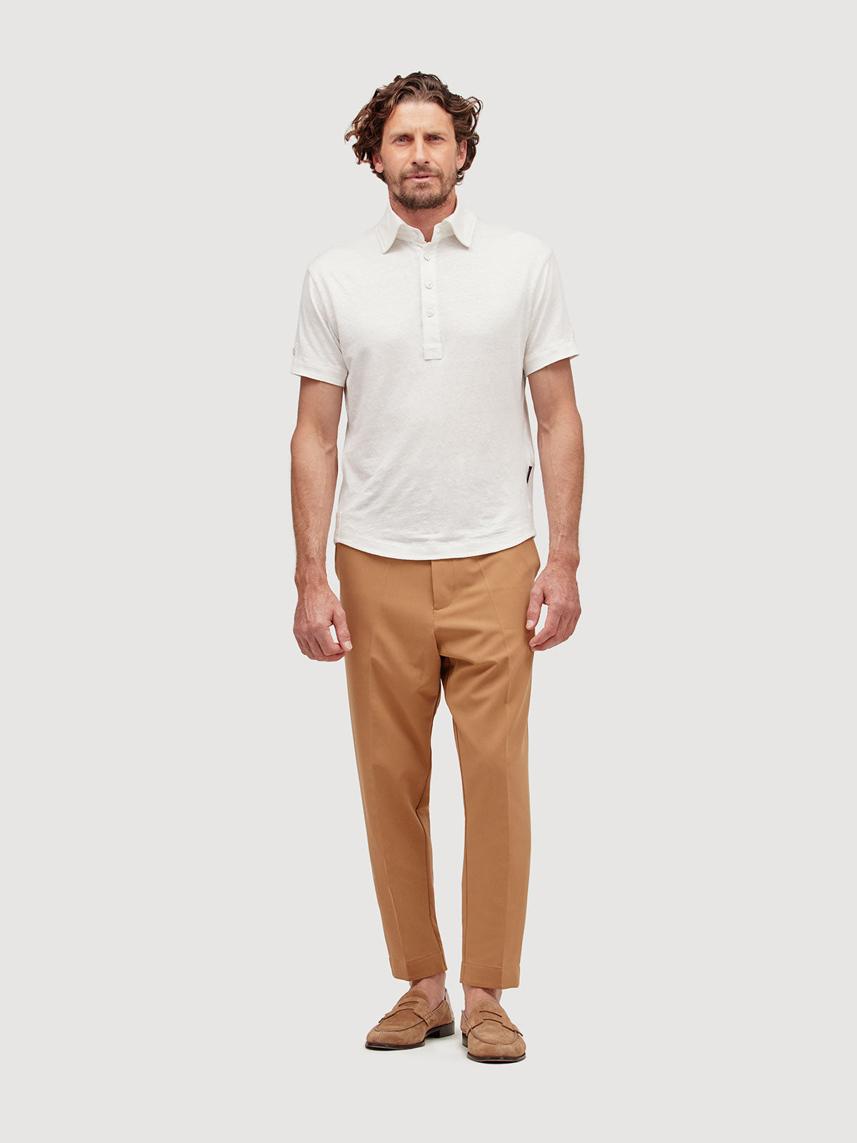 Madeira French Linen Short Sleeve Polo in *White Lotus* (off-white) — full length front view | Y.Chroma