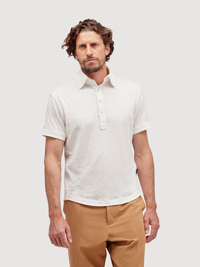 Madeira French Linen Short Sleeve Polo in *White Lotus* (off-white) — front detail view | Y.Chroma