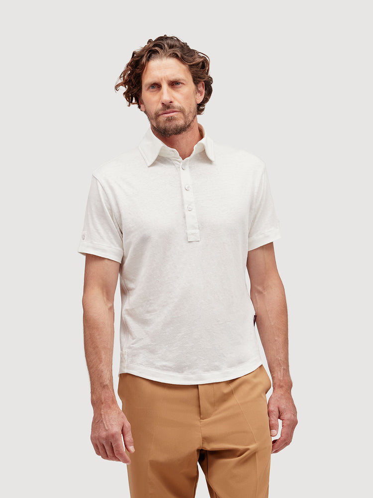 Madeira French Linen Short Sleeve Polo in *White Lotus* (off-white) — front detail view | Y.Chroma