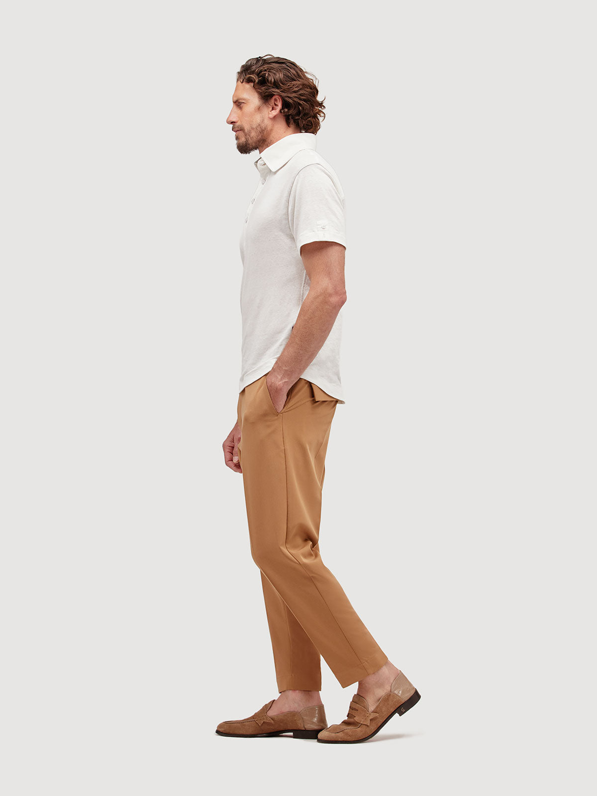 Madeira French Linen Short Sleeve Polo in *White Lotus* (off-white) — side view | Y.Chroma