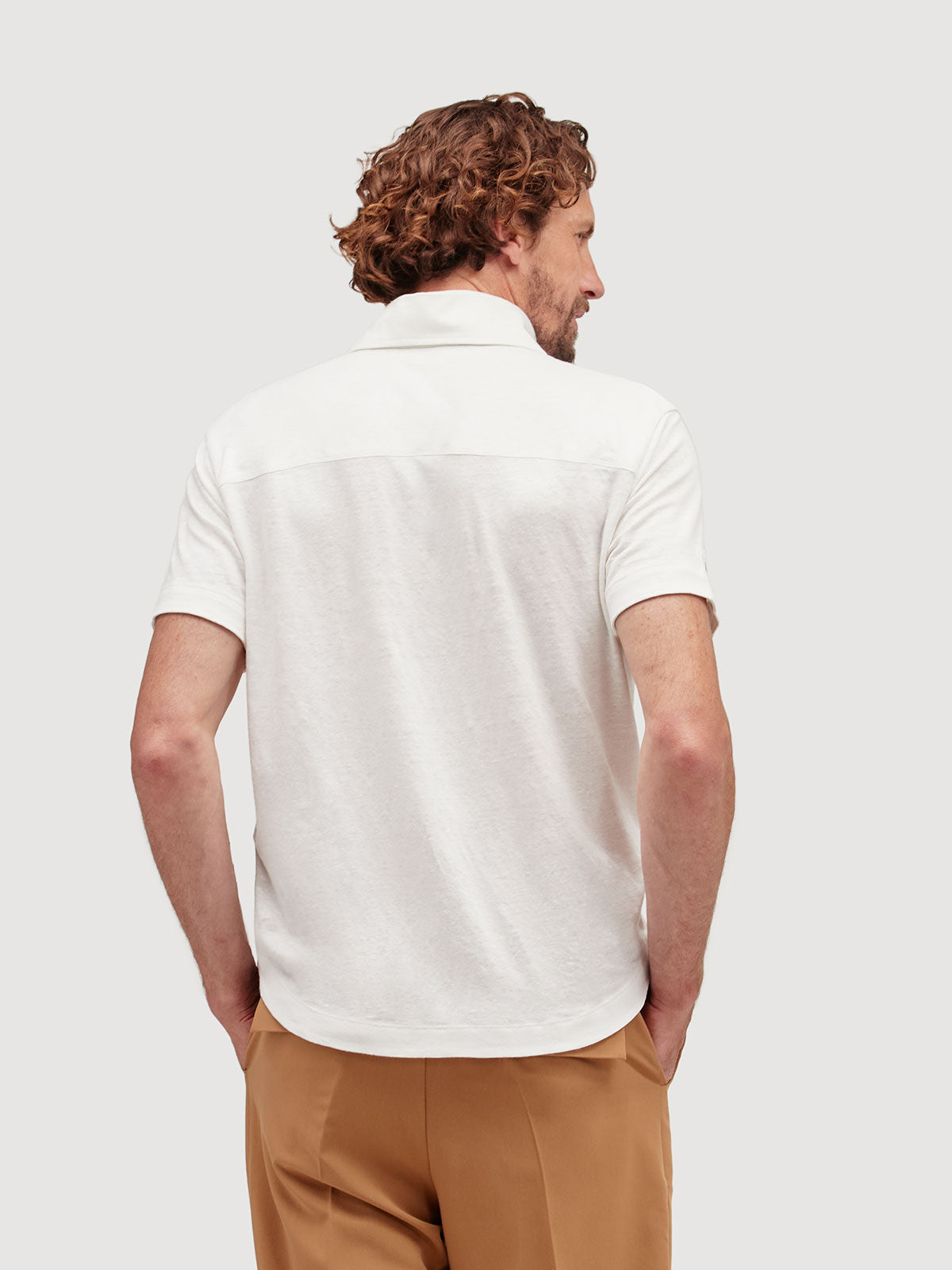 Madeira French Linen Short Sleeve Polo in *White Lotus* (off-white) — back detail view | Y.Chroma