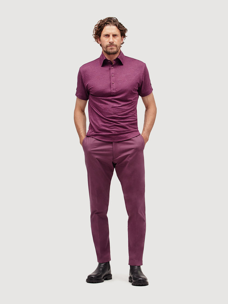Madeira French Linen Short Sleeve Polo in *Italian Plum* (deep purple) — full length front view | Y.Chroma