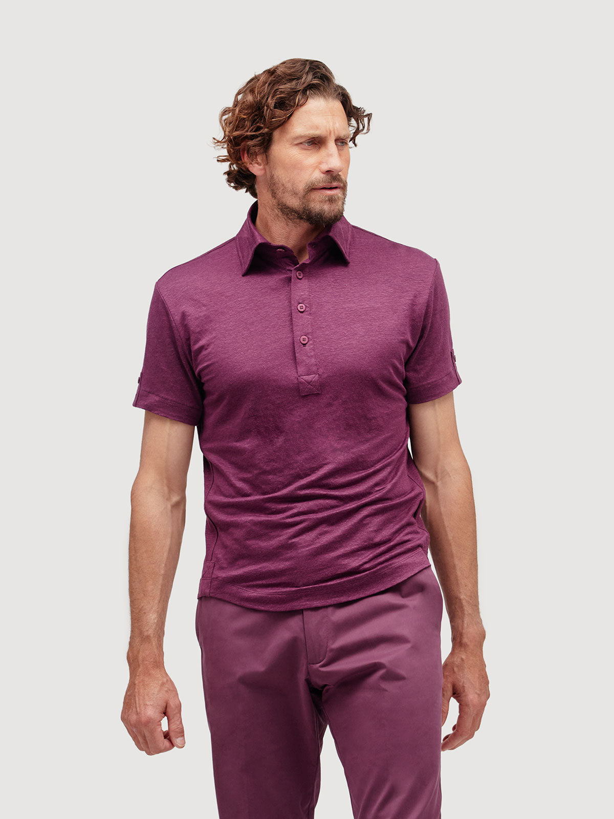 Madeira French Linen Short Sleeve Polo in *Italian Plum* (deep purple) — front detail view | Y.Chroma