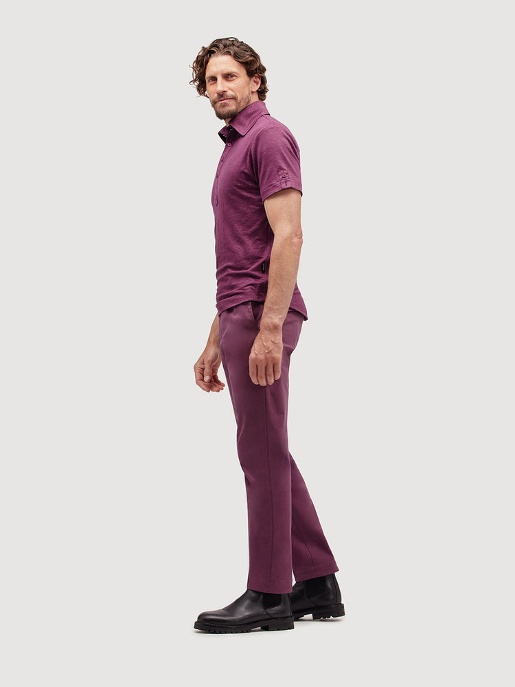 Madeira French Linen Short Sleeve Polo in *Italian Plum* (deep purple) — side view | Y.Chroma