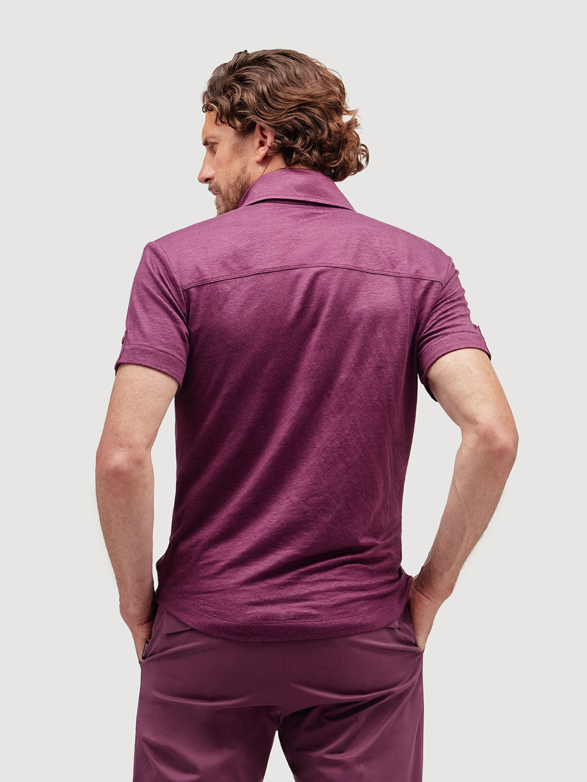 Madeira French Linen Short Sleeve Polo in *Italian Plum* (deep purple) — back detail view | Y.Chroma