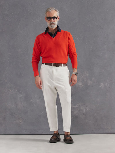 Madeira French Linen Short Sleeve Polo in *Midnight Blue* (navy blue) styled with White Lotus Retinol Pant and Aperol Orange Dwayne V-Neck Cashmere Sweater — full length lookbook | Y.Chroma