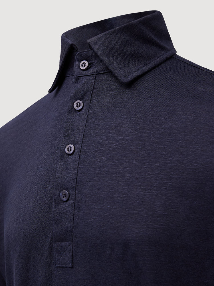 Madeira French Linen Long Sleeve Polo in *Midnight Blue* (navy blue) — collar and front buttons detail | Y.Chroma