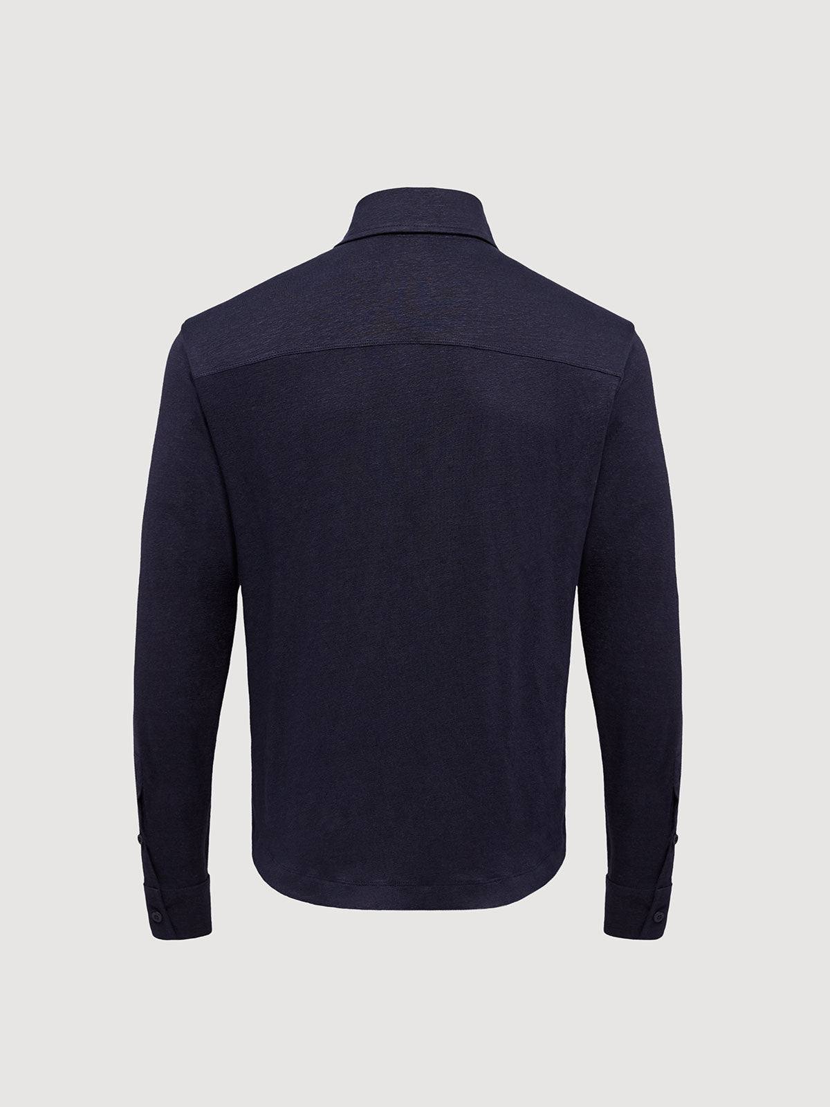 Madeira French Linen Long Sleeve Polo in *Midnight Blue* (navy blue) — flat lay back | Y.Chroma