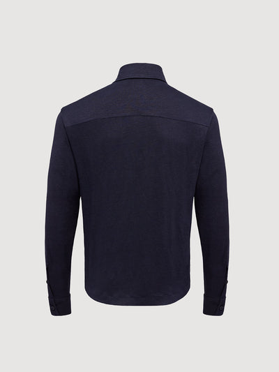 Madeira French Linen Long Sleeve Polo in *Midnight Blue* (navy blue) — flat lay back | Y.Chroma