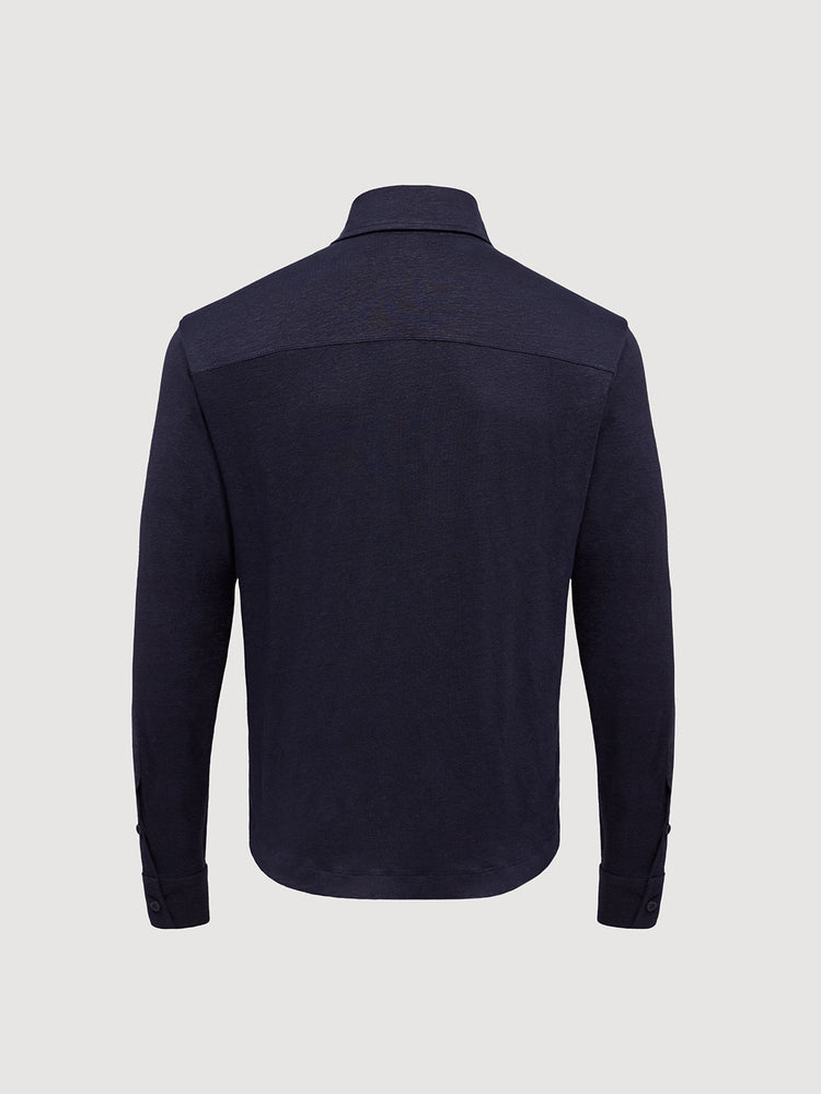 Madeira French Linen Long Sleeve Polo in *Midnight Blue* (navy blue) — flat lay back | Y.Chroma