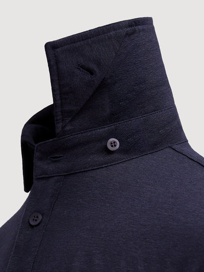 Madeira French Linen Long Sleeve Polo in *Midnight Blue* (navy blue) — collar button system detail | Y.Chroma