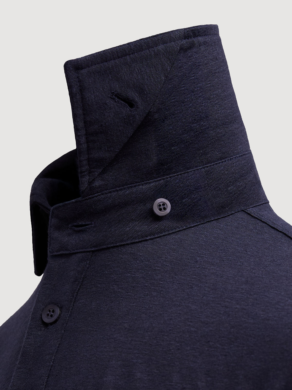Madeira French Linen Long Sleeve Polo in *Midnight Blue* (navy blue) — collar button system detail | Y.Chroma
