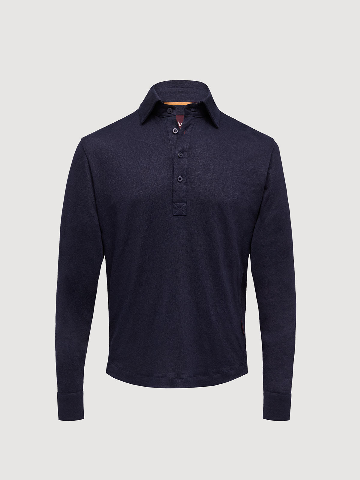 Madeira French Linen Long Sleeve Polo in *Midnight Blue* (navy blue) — flat lay front | Y.Chroma