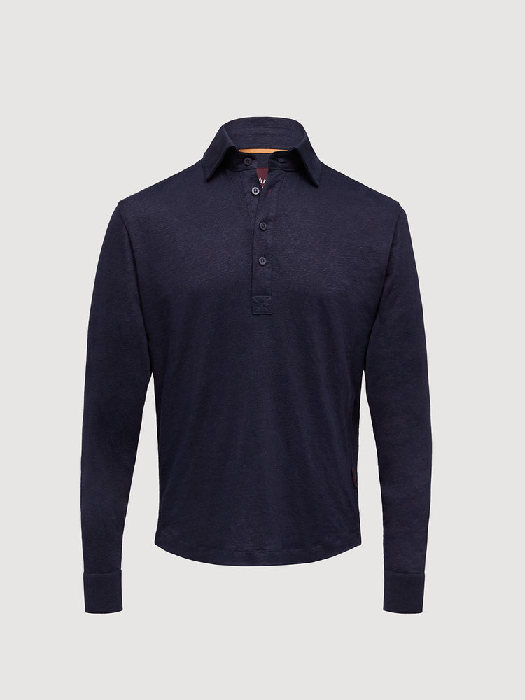 Madeira French Linen Long Sleeve Polo in *Midnight Blue* (navy blue) — flat lay front | Y.Chroma