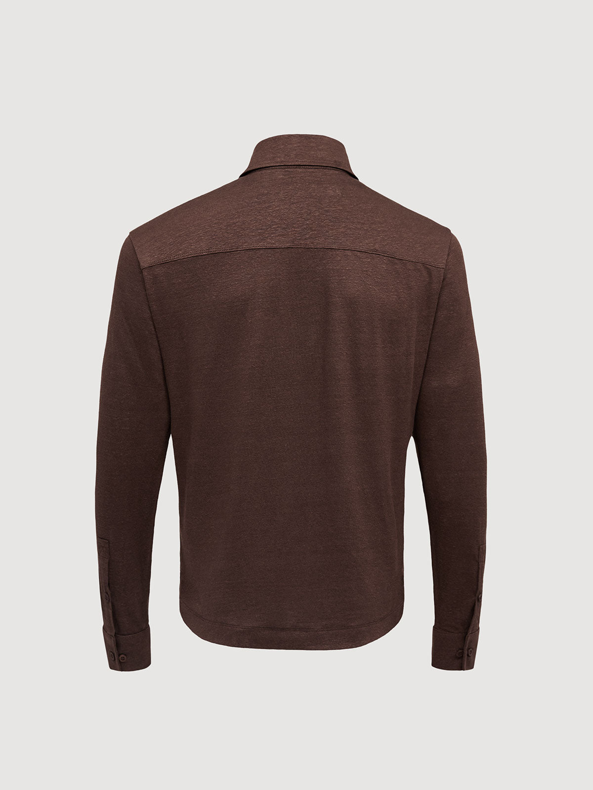 Madeira French Linen Long Sleeve Polo in *Java Brown* (warm brown) — flat lay back | Y.Chroma