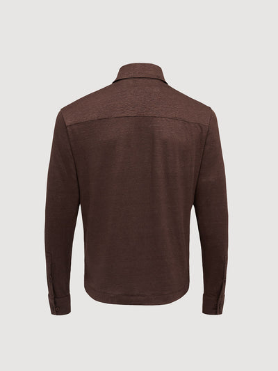 Madeira French Linen Long Sleeve Polo in *Java Brown* (warm brown) — flat lay back | Y.Chroma