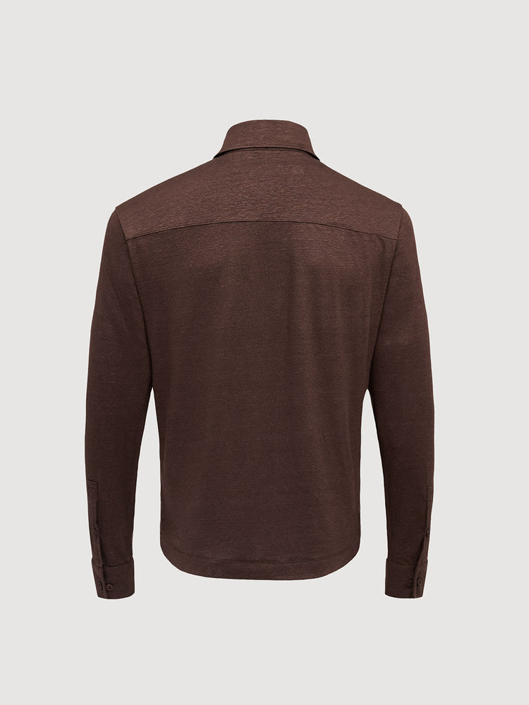 Madeira French Linen Long Sleeve Polo in *Java Brown* (warm brown) — flat lay back | Y.Chroma