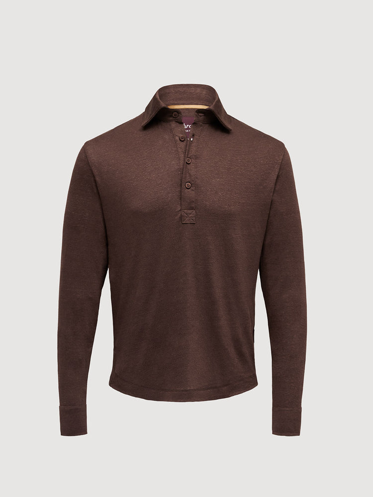 Madeira French Linen Long Sleeve Polo in *Java Brown* (warm brown) — flat lay front | Y.Chroma
