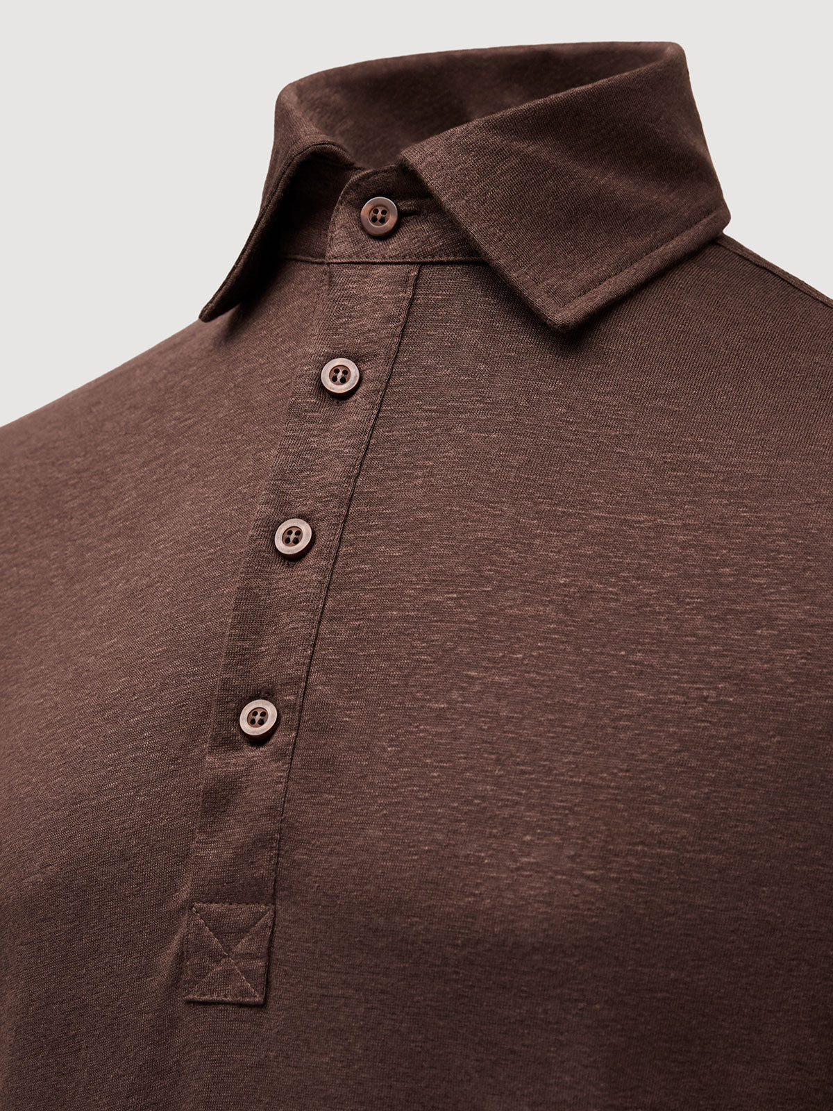 Madeira French Linen Long Sleeve Polo in *Java Brown* (warm brown) — collar and front buttons detail | Y.Chroma