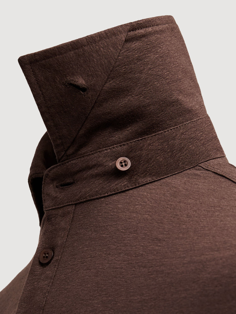 Madeira French Linen Long Sleeve Polo in *Java Brown* (warm brown) — collar button system detail | Y.Chroma
