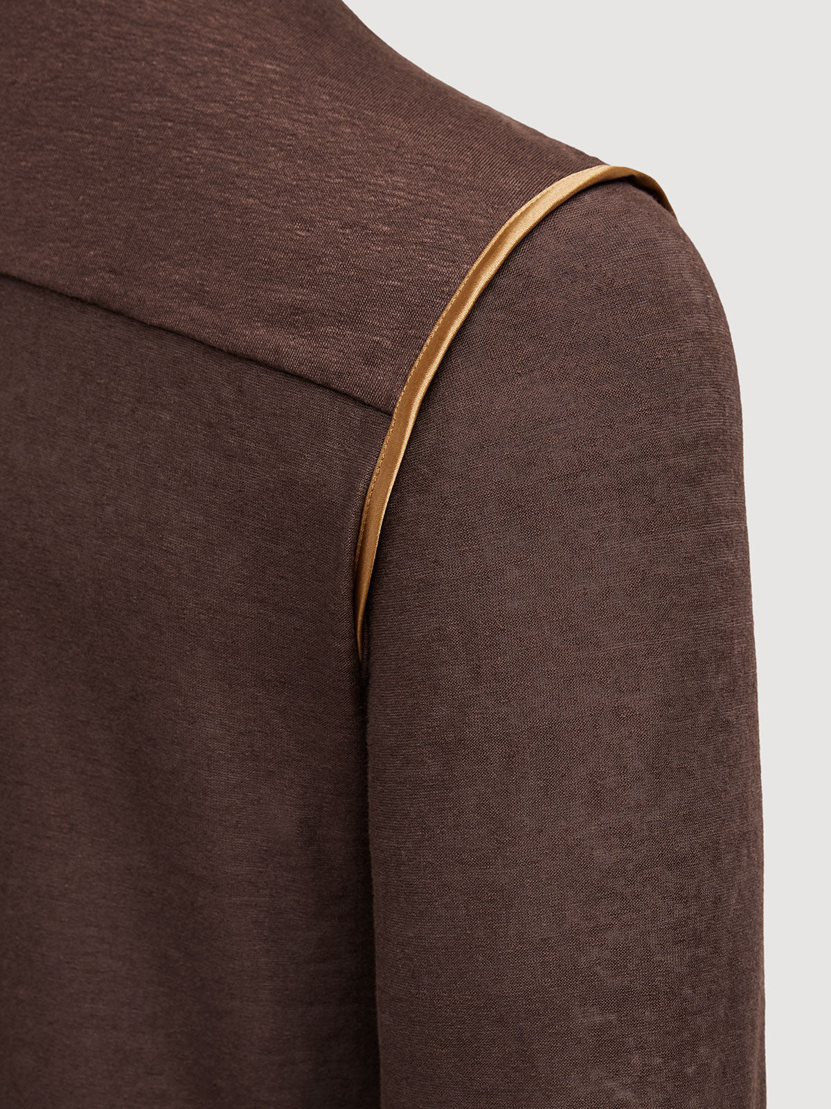 Madeira French Linen Long Sleeve Polo in *Java Brown* (warm brown) — Cognac Silk™ armhole lining detail | Y.Chroma