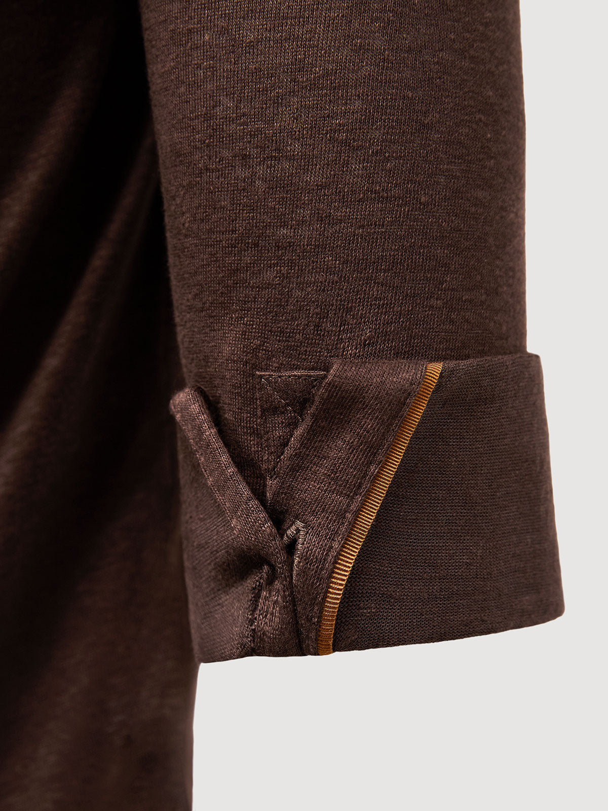 Madeira French Linen Long Sleeve Polo in *Java Brown* (warm brown) — cuffed sleeve with Cognac Silk™ engineered cuff system | Y.Chroma