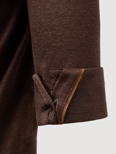 Madeira French Linen Long Sleeve Polo in *Java Brown* (warm brown) — cuffed sleeve with Cognac Silk™ engineered cuff system | Y.Chroma