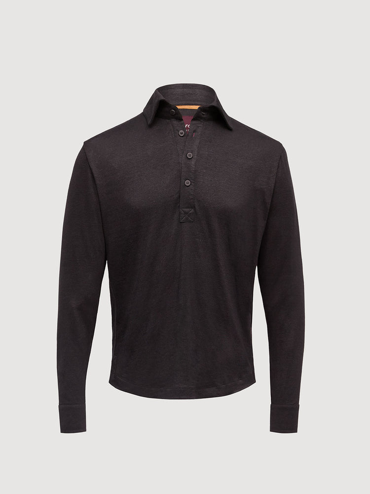 Madeira French Linen Long Sleeve Polo in *Berlin Black* (black) — flat lay front | Y.Chroma